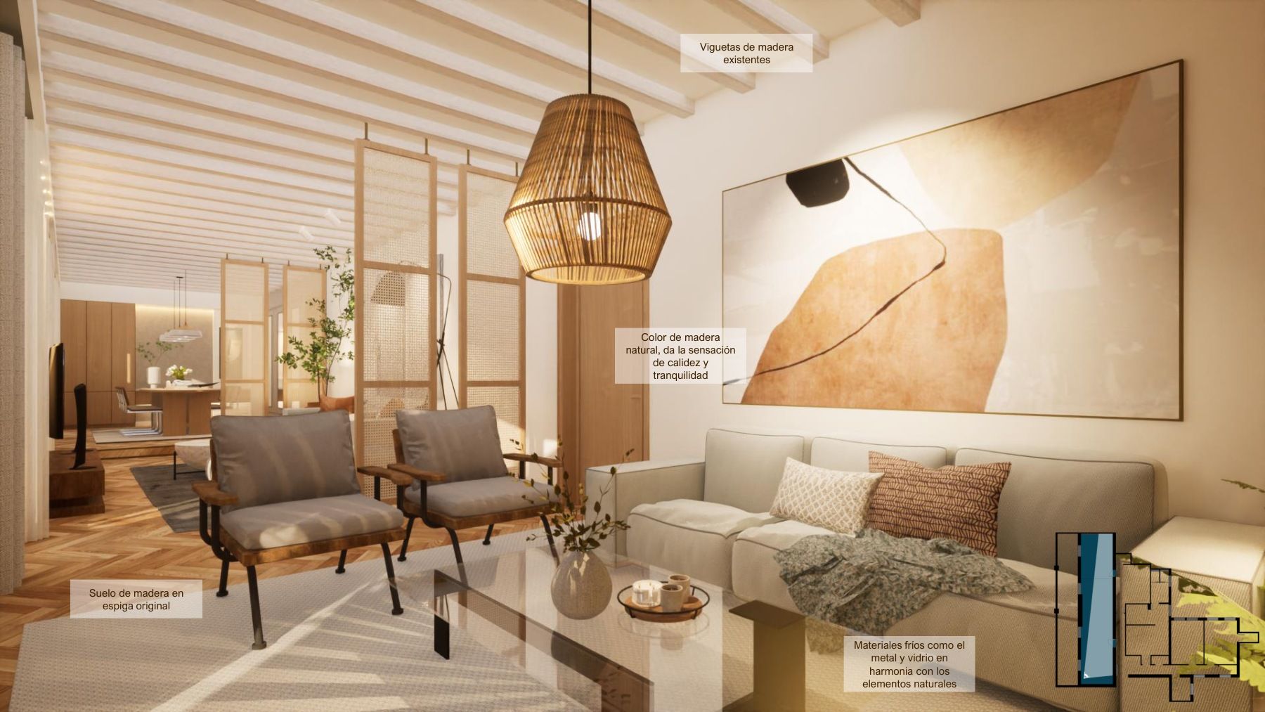 Render de salón de Ileana Liberia con anotaciones sobre iluminación, madera y acabados.