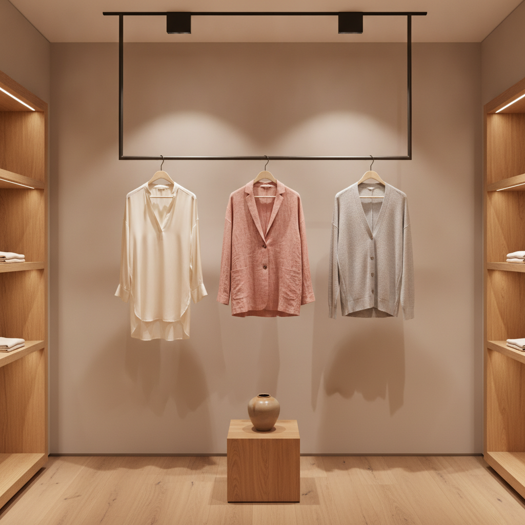 Exposición de prendas con una chaqueta rosa central y luminarias sobre el expositor