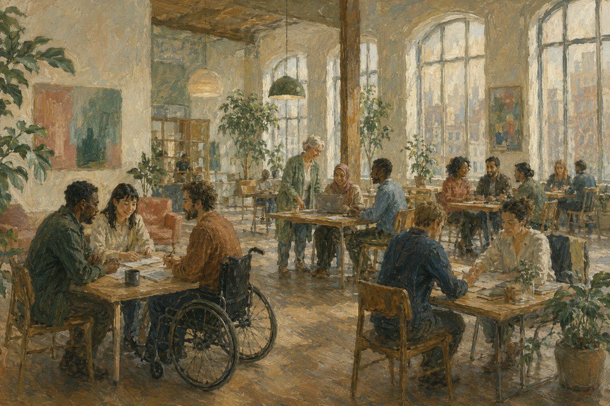 Painterly image of an inclusive workshop with professionals learning together in a bright studio