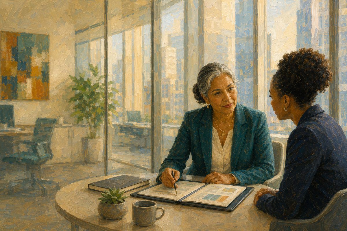 Painterly image of a senior leader and colleague in conversation