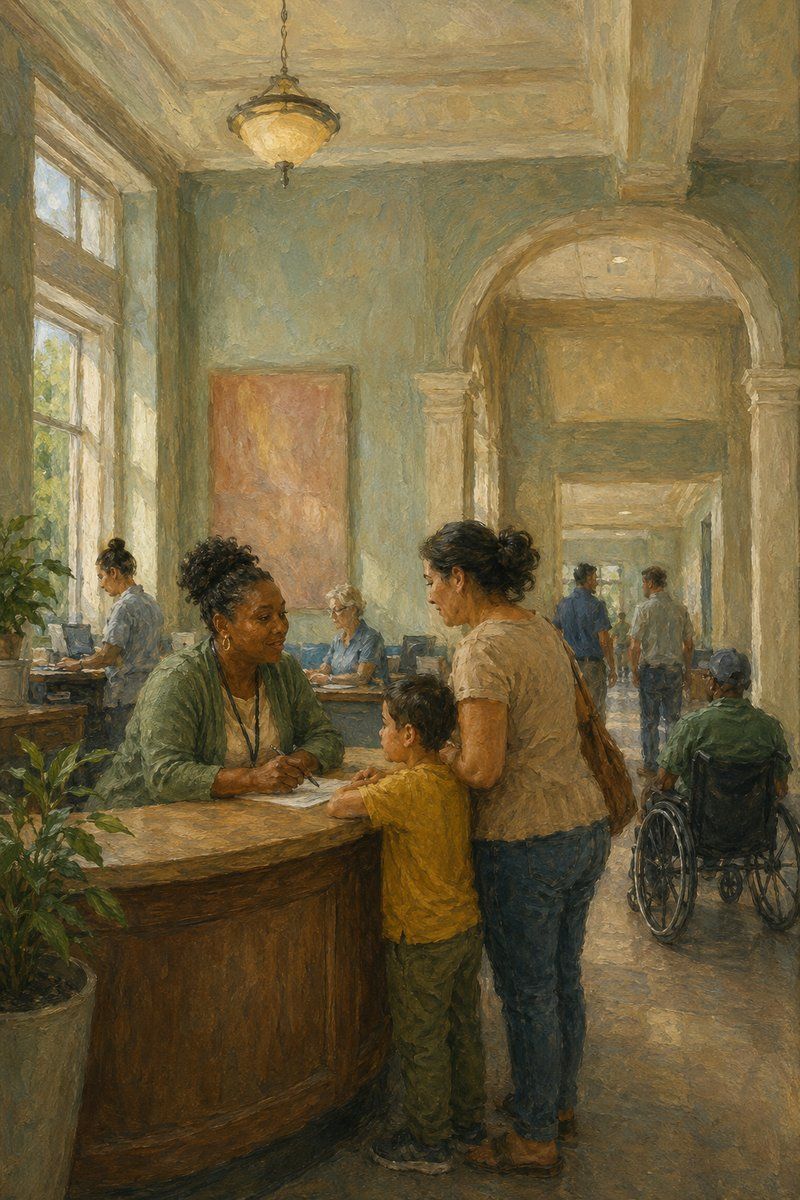 Staff member assisting a parent and child at a public service desk