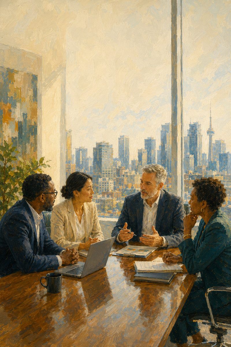 Painterly image of four executives in discussion around a boardroom table with a city skyline behind