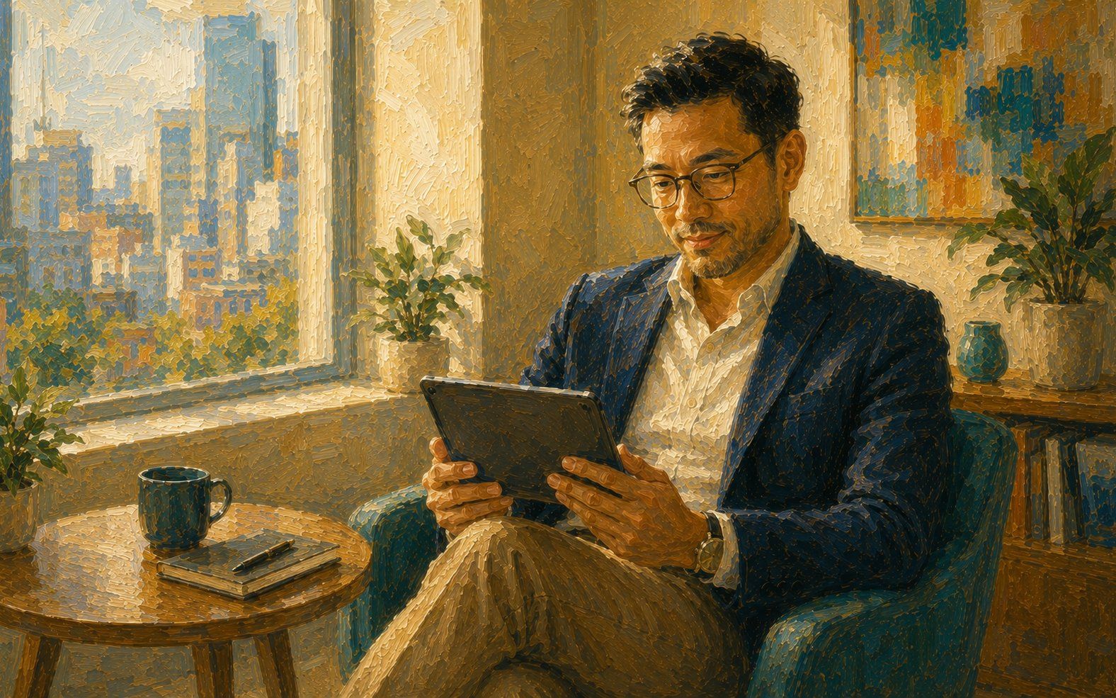 Painterly image of a bright library of short course cards and learning materials