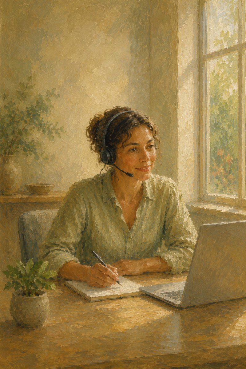 Painterly image of a friendly team member on a support call at a sunny desk
