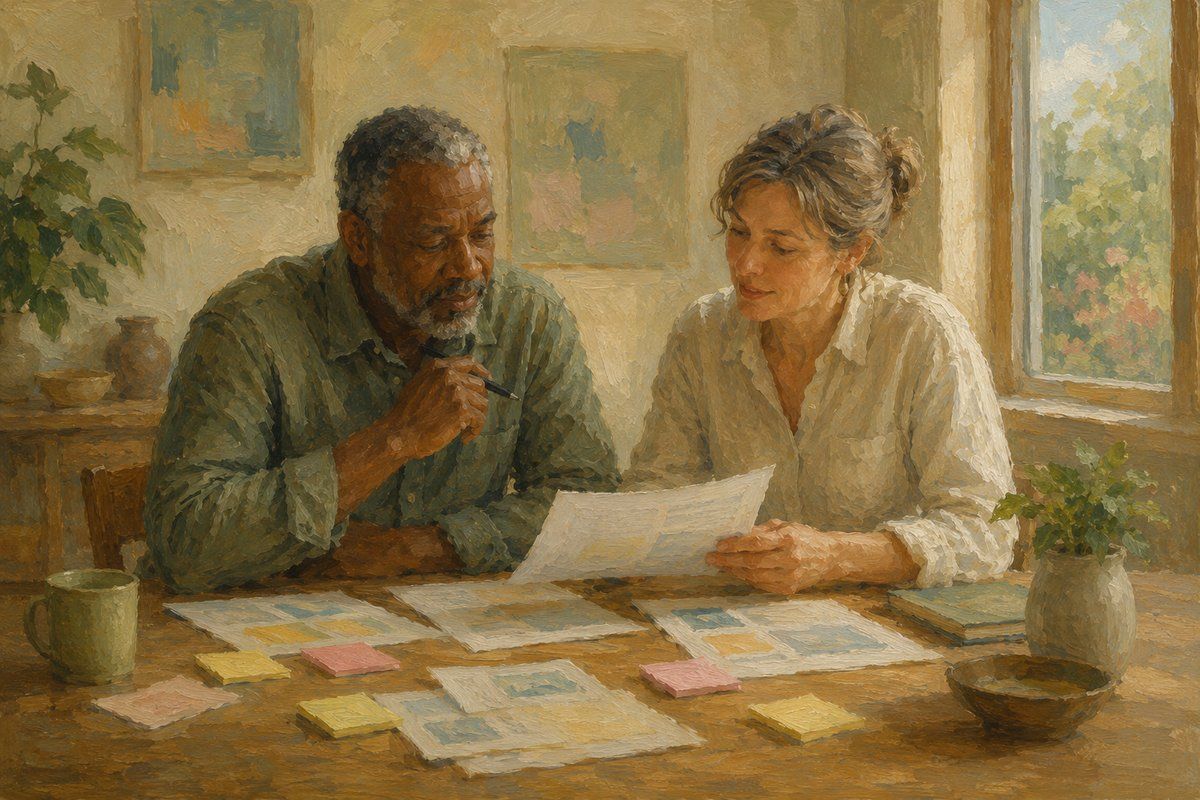 Painterly image of two colleagues reviewing course materials together at a sunlit desk