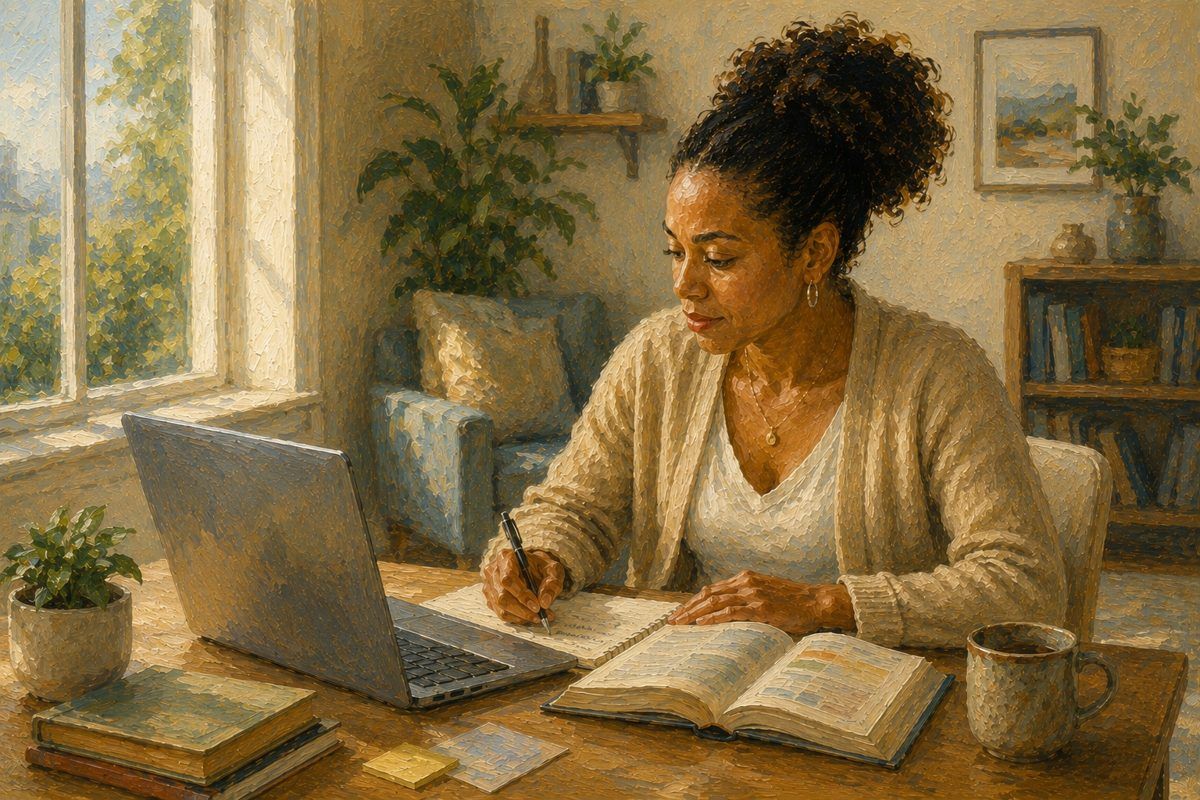 Painterly image of a learner taking notes beside a laptop