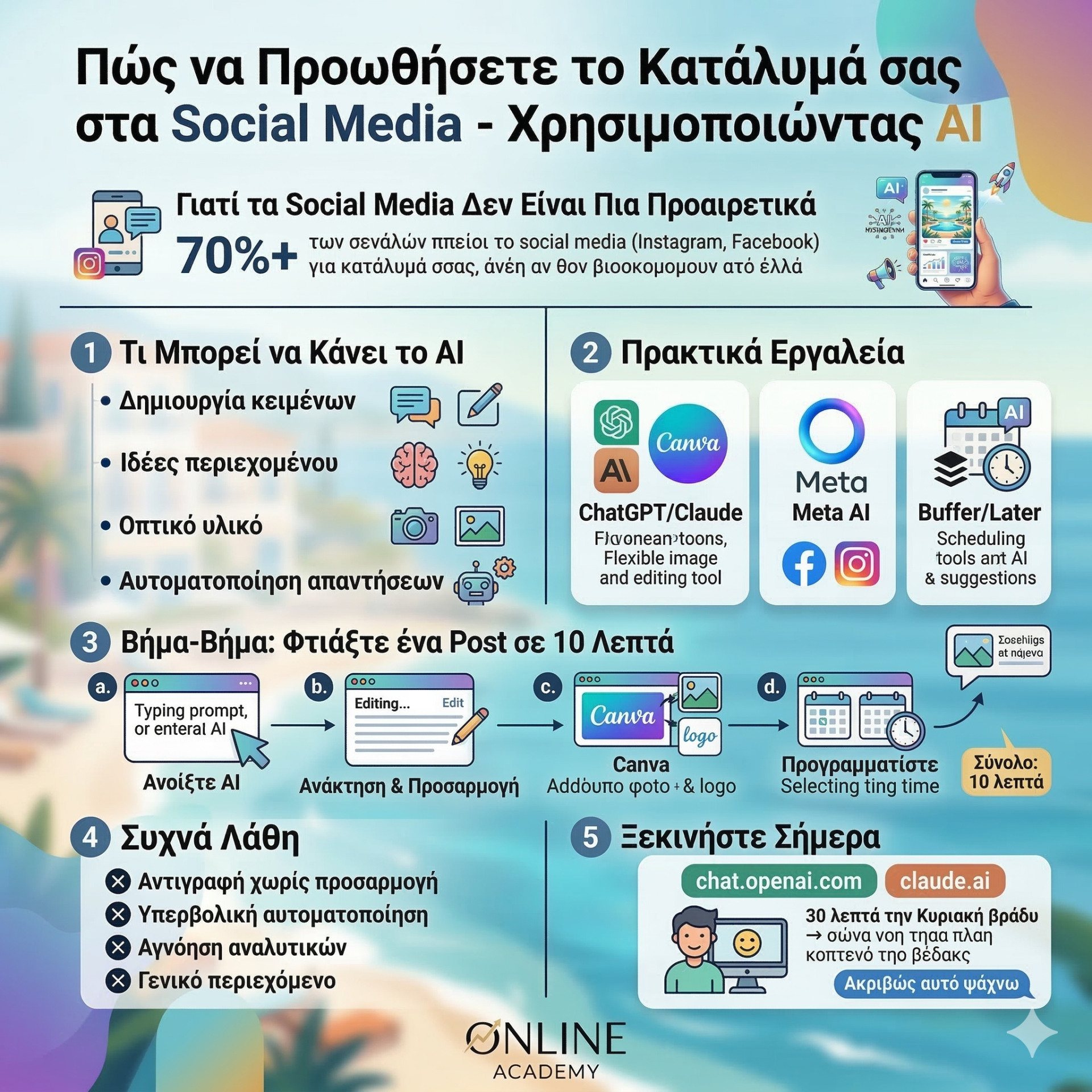  Infographic με τίτλο "Πώς να Προωθήσετε το Κατάλυμά σας στα Social Media με AI" — παρουσιάζει 5 βασικές θεματικές: γιατί χρειάζονται τα social media, τι κάνει το AI (κείμενα, visuals, αυτοματοποίηση), πρακτικά εργαλεία (ChatGPT, Canva AI, Meta AI, Buffer), βήμα-βήμα οδηγός δημιουργίας post σε 10 λεπτά, και συχνά λάθη που πρέπει να αποφύγουν οι ιδιοκτήτες καταλυμάτων.