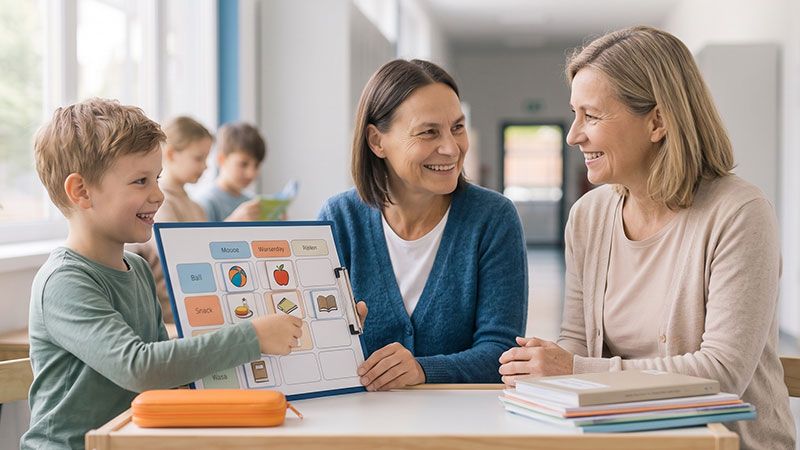 Eine Schulbegleiterin und eine Mutter sitzen lächelnd mit einem Jungen an einem Tisch, während dieser auf eine Bildkarte auf einer Strukturhilfe zeigt.