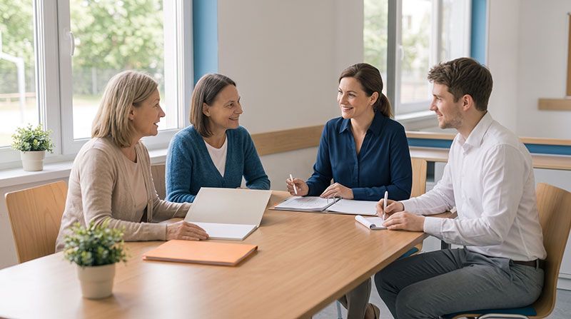 Beratungsgespräch zwischen Schulbegleiterin, Lehrkräften und Eltern zur inklusiven Bildung.