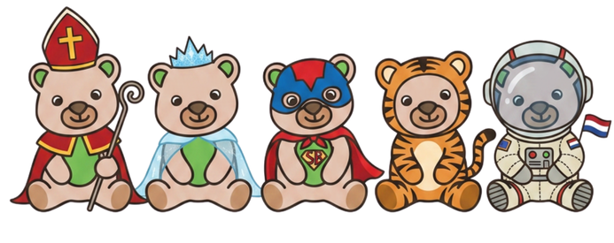 Voorbeelden van thema’s voor een kinderyogales, zoals Sinterklaas, prinses, superheld, tijger en astronaut.