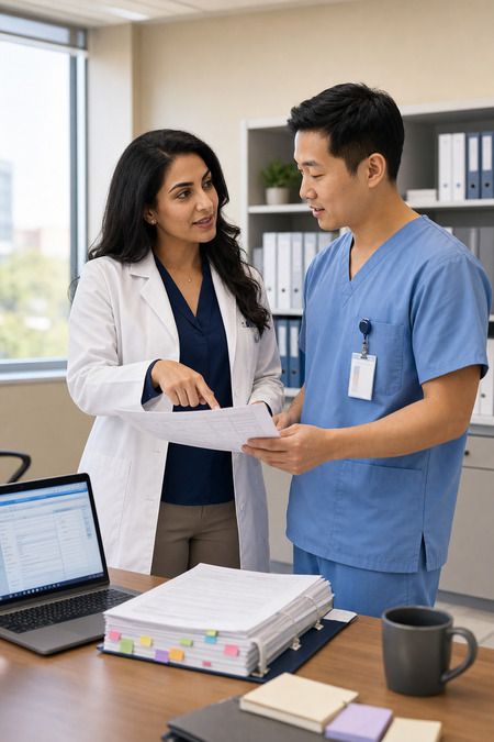 Clinical research team reviewing study data outside a patient room
