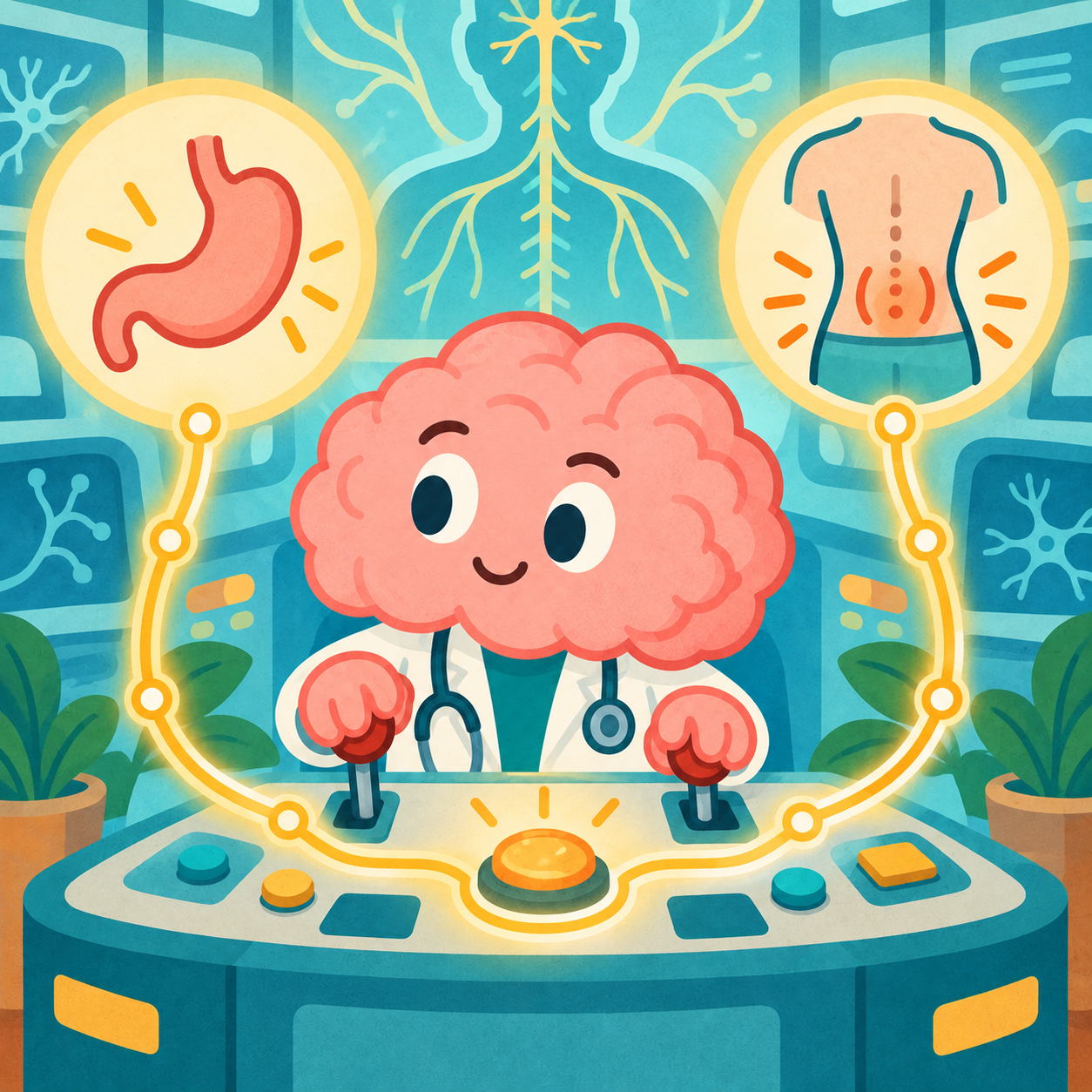 Pink brain at a control panel connecting stomach pain and back pain through the nervous system.