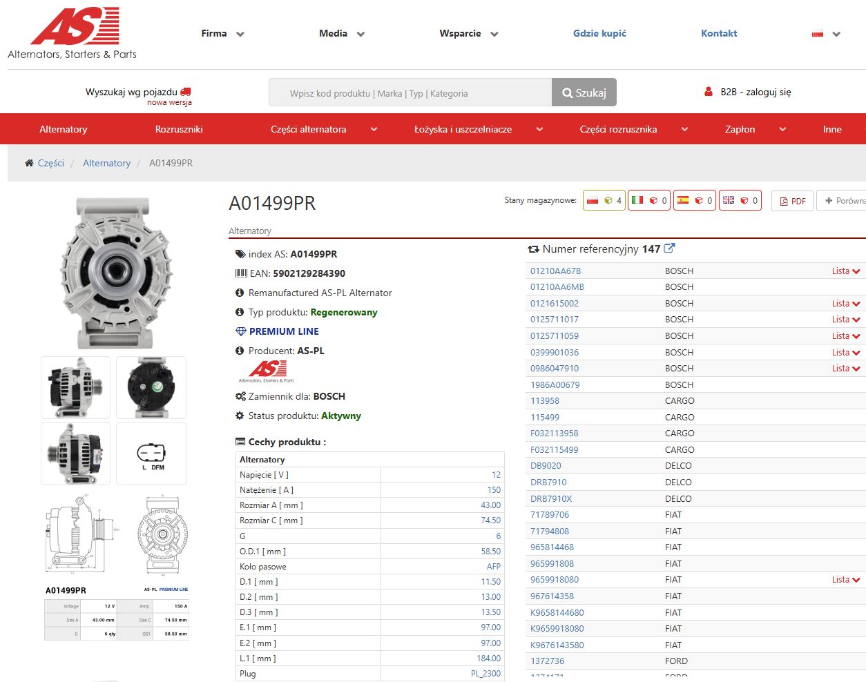 Karta alternatora A01499PR na as-pl.com: zdjęcia, rysunki, dane techniczne i numery referencyjne