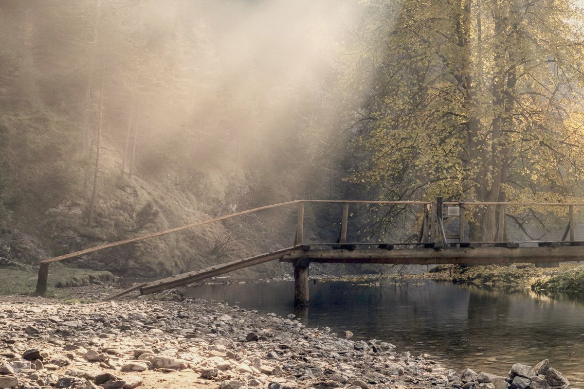 A plank footbridge on a stone footing, the far bank lost in mist