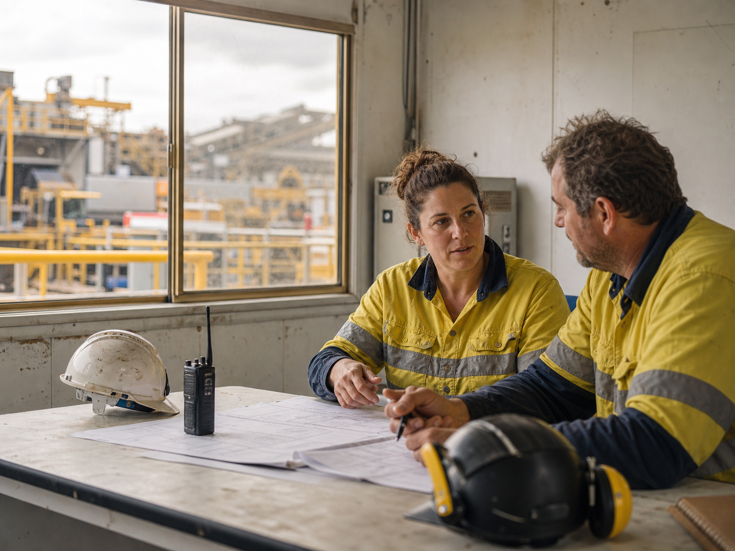 Two Australian site supervisors in worn high-visibility workwear discussing plans in a temporary industrial site office.