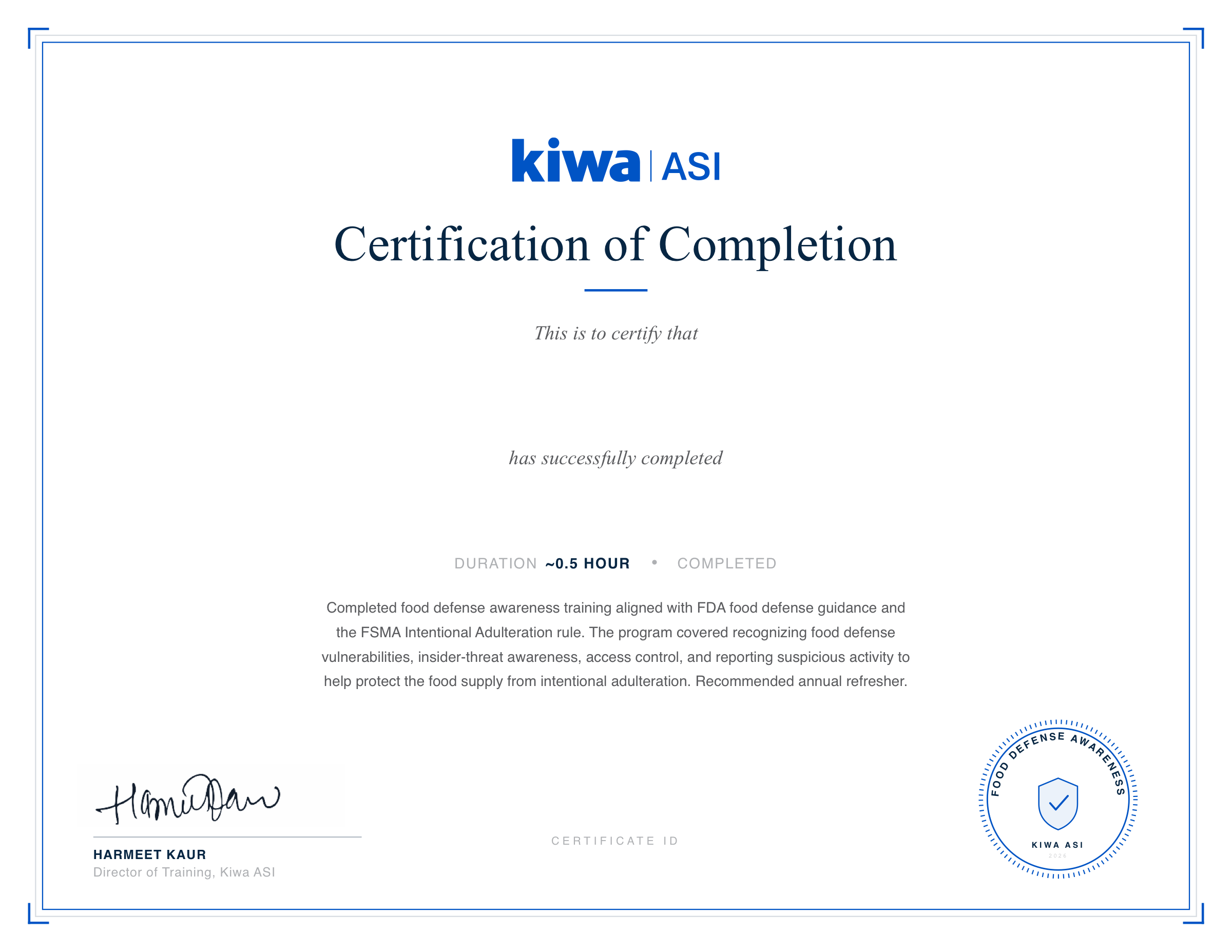 Frontline Food Defense Essentials certificate