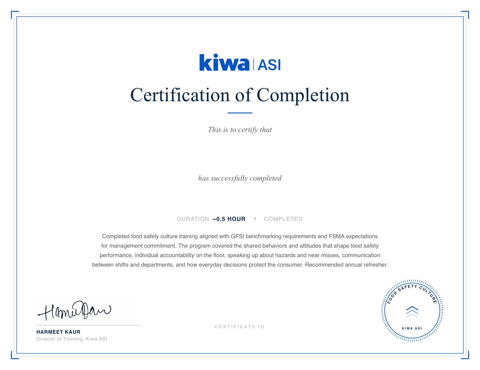 Food Safety Culture certificate