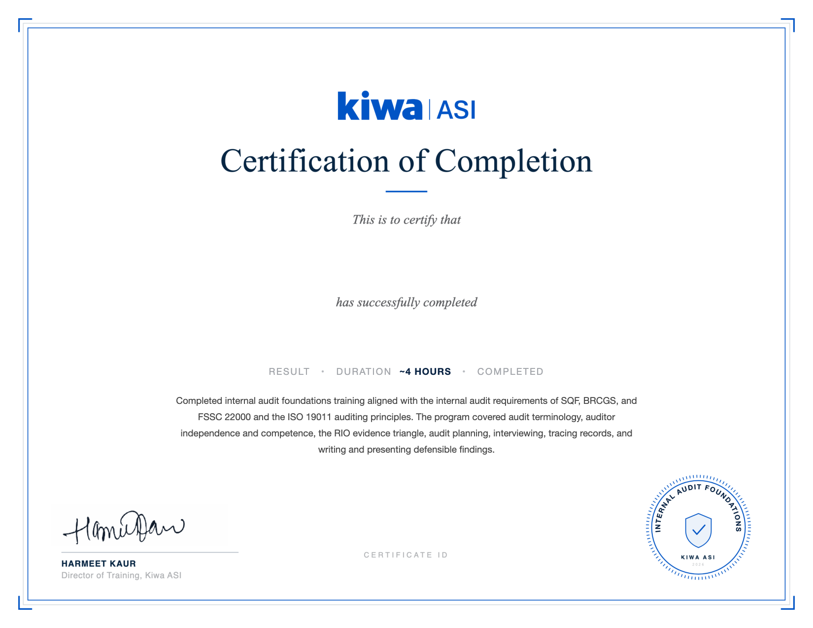 Internal Audit Foundations certificate