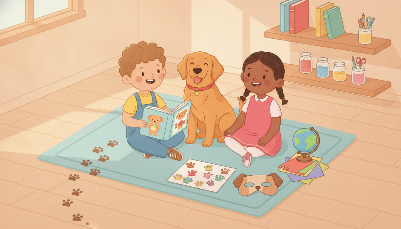 Children reading, creating crafts, and learning with a friendly dog