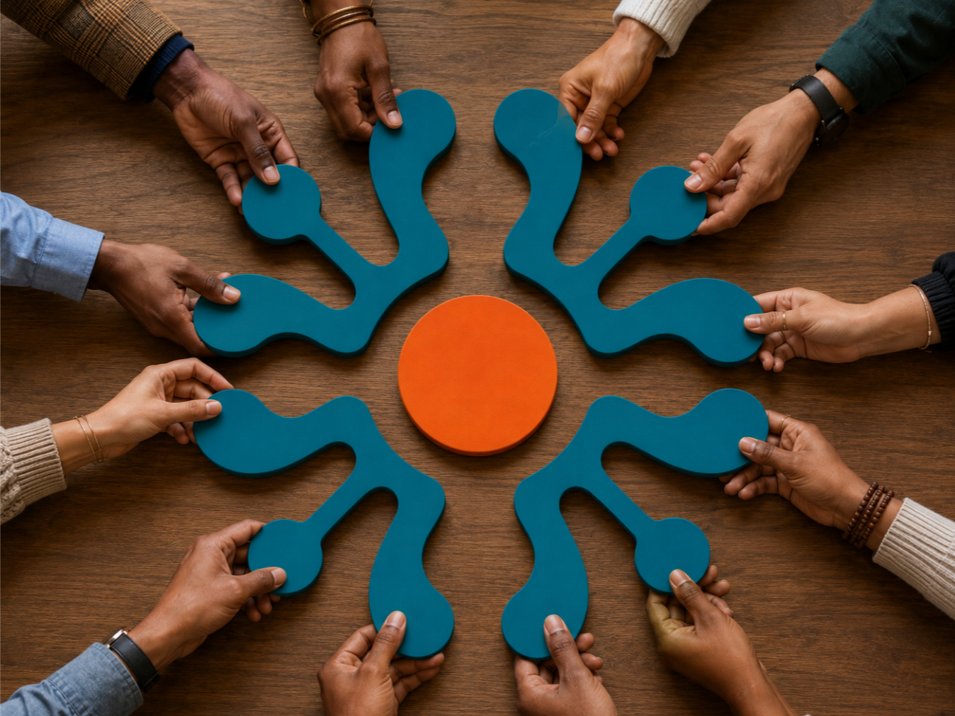 Hands arranging blue shapes in a circle around an orange center