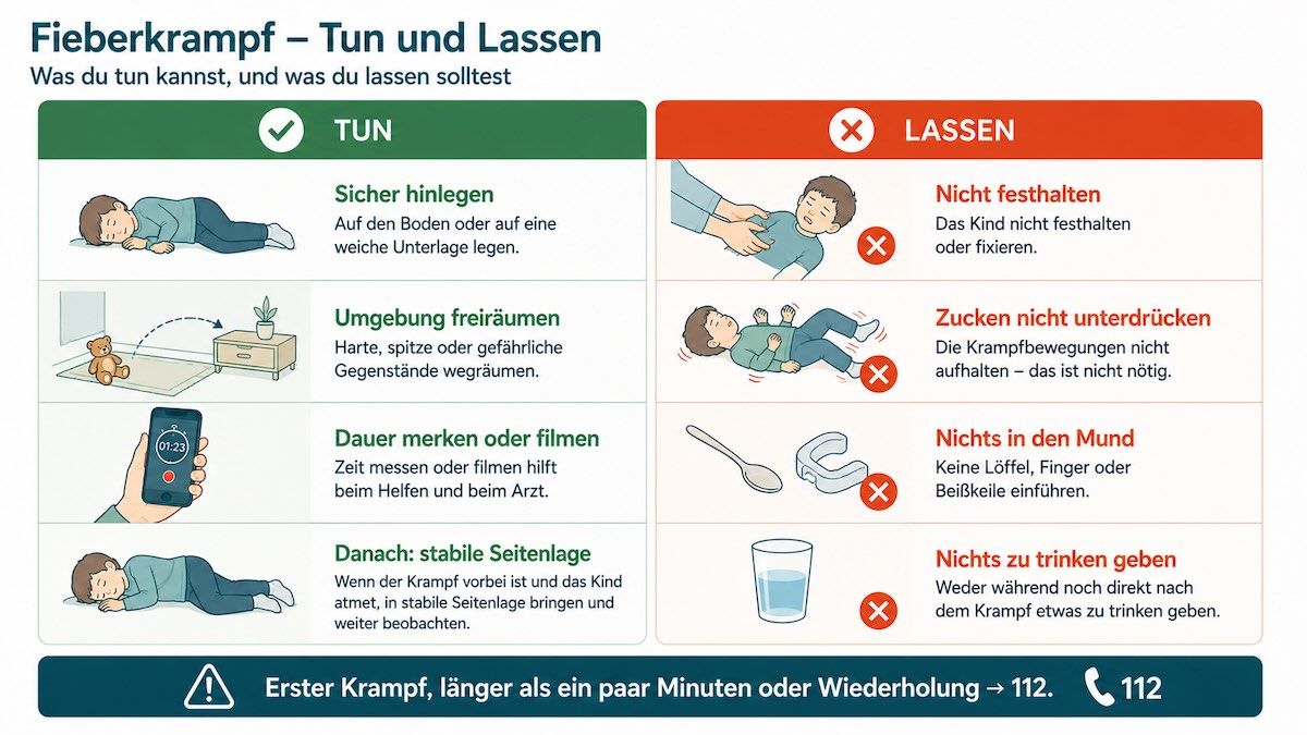 Gegenueberstellung: links ein Kleinkind in Seitenlage auf einer weichen Unterlage, der Kopf abgepolstert, die Umgebung freigeraeumt; rechts durchgestrichen ein Loeffel im Mund und das Festhalten der Arme.