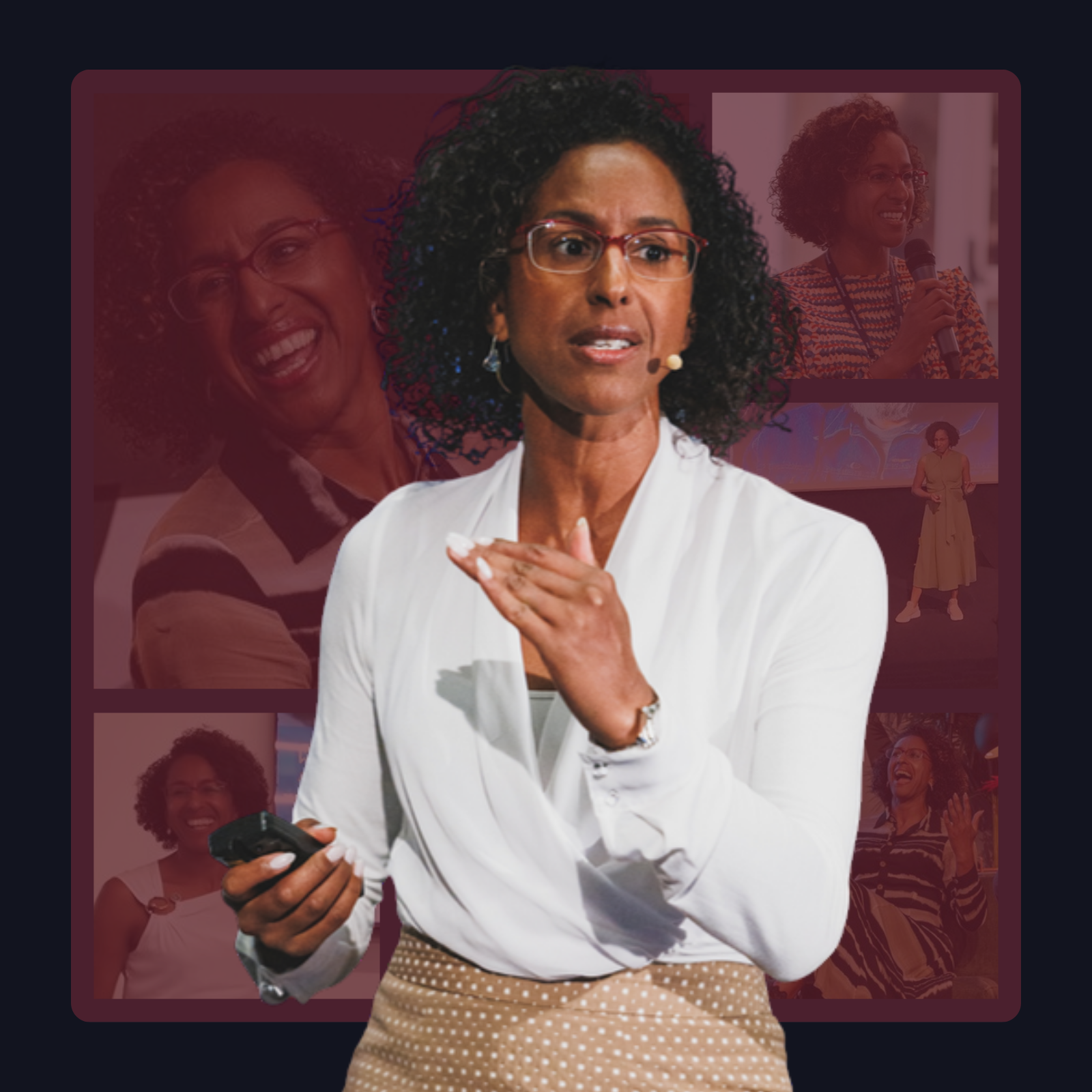 Helga Saraiva, a falar em palco, com momentos de outros eventos ao fundo