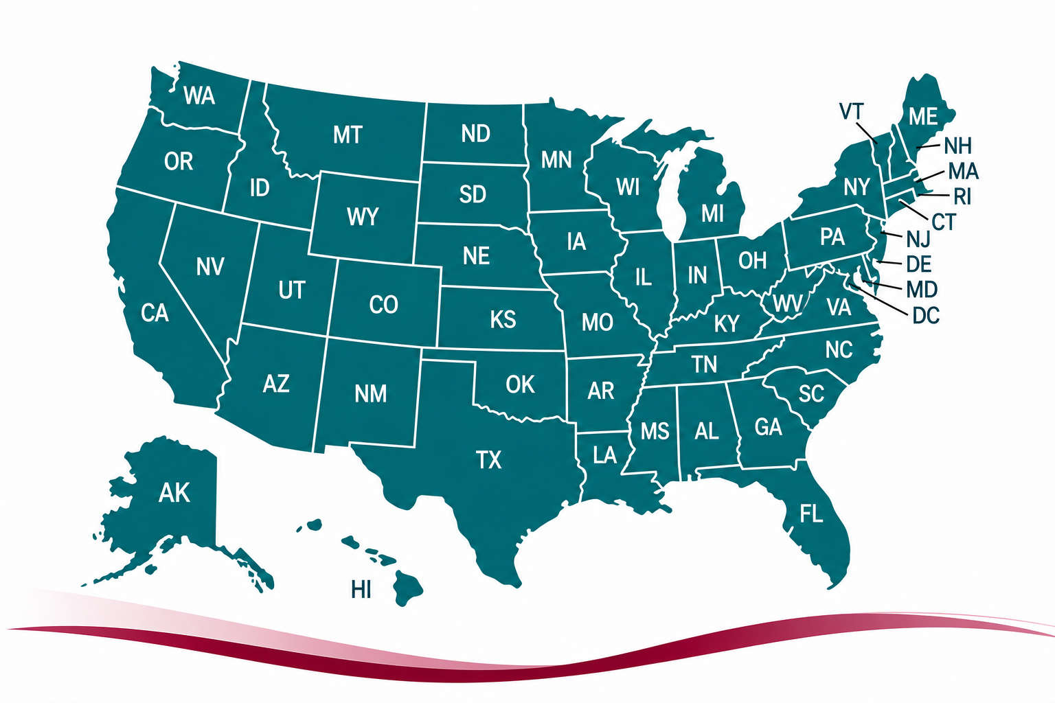 Teal map of the United States with labeled state abbreviations, white state borders, and a decorative burgundy wave along the bottom, representing state massage therapy continuing education requirements.
