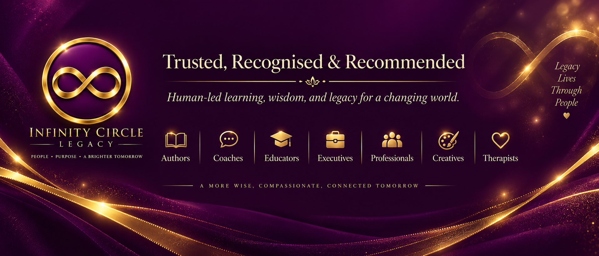 Infinity Circle Legacy banner highlighting human-led learning, wisdom and legacy for authors, coaches, educators, executives, professionals, creatives and therapists