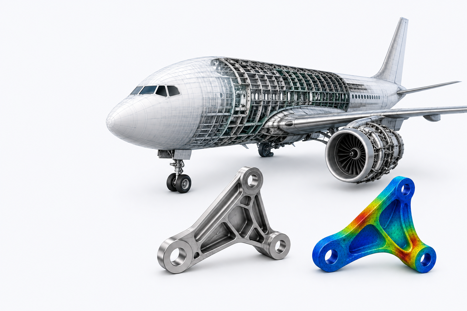 Aircraft cutaway, jet engine, and structural design and simulation models