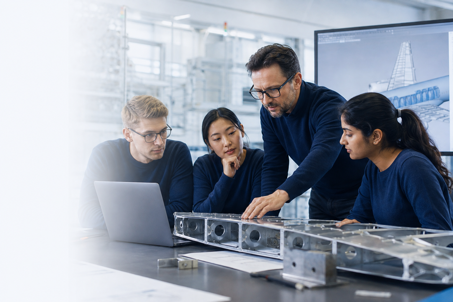 Engineers collaborating on digital aircraft design