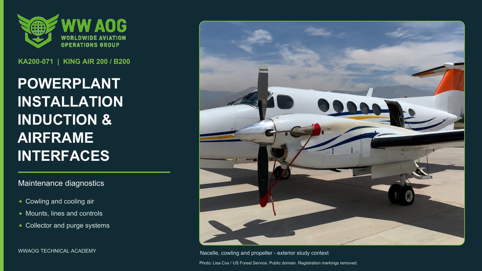 King Air 200 installed nacelle, cowling and propeller exterior study photograph; registration markings removed.