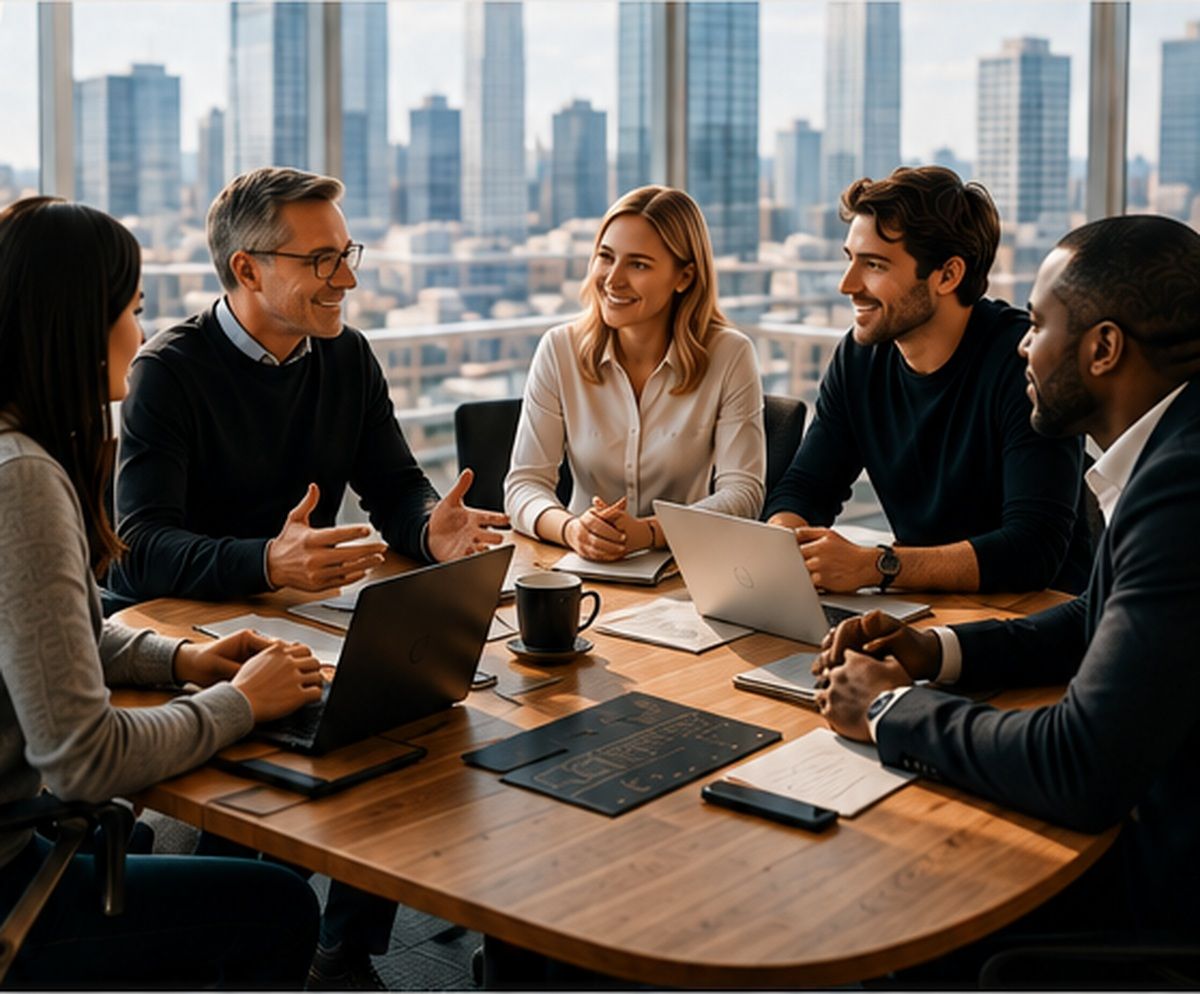 Experienced venture investors, founders, and CEOs collaborating in a modern office