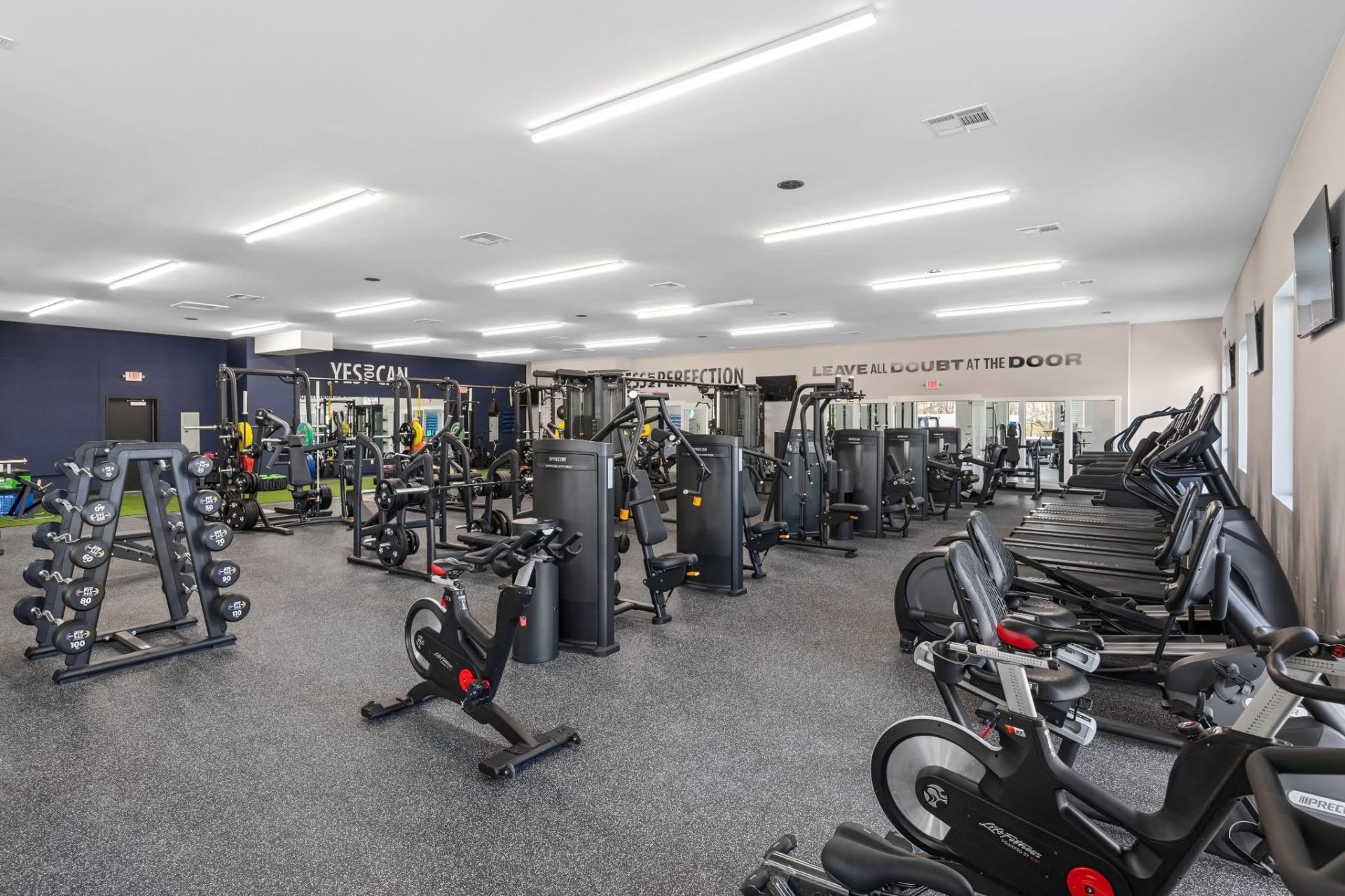 CustomFit360 training floor with resistance machines, free weights, and cardio equipment