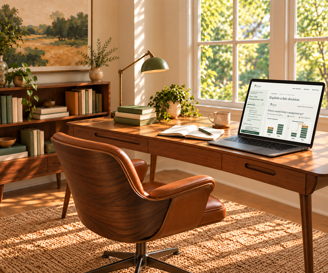 Sunlit mid-century modern office with a Crisp Education Unlimited course displayed on a laptop.