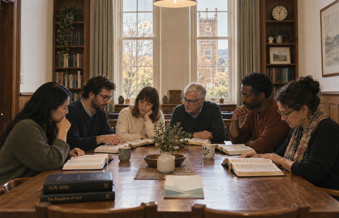 A group studying the Bible together around a table