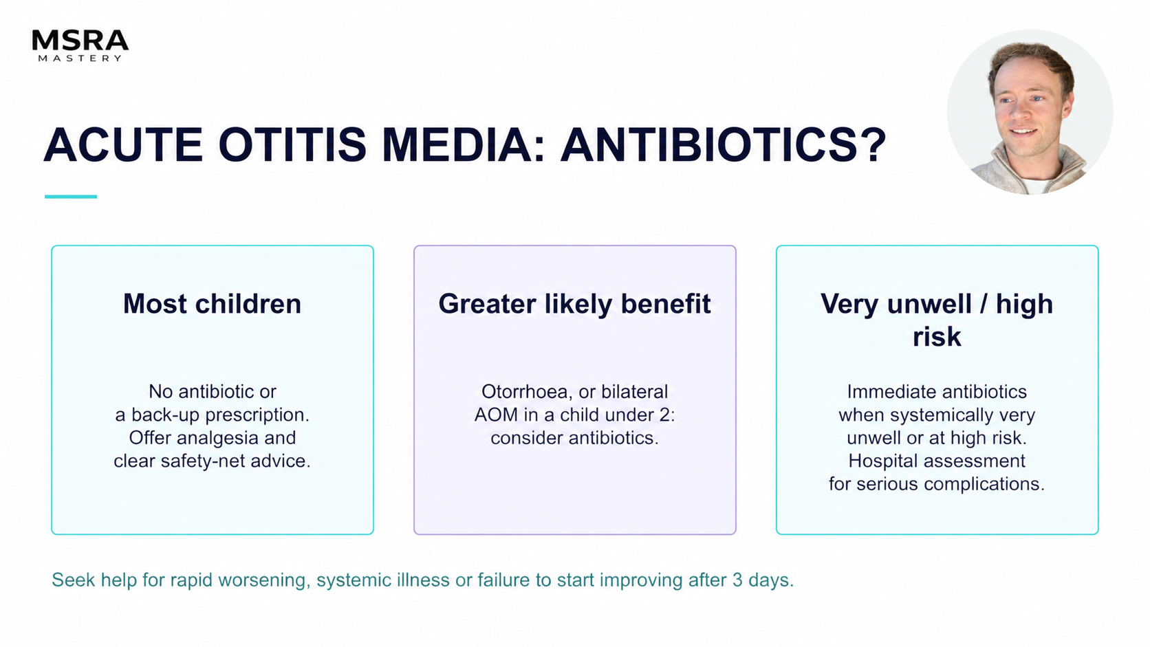 MSRA Mastery ENT: Acute otitis media: antibiotics?; course preview with Dr Sam Gordon’s presenter portrait