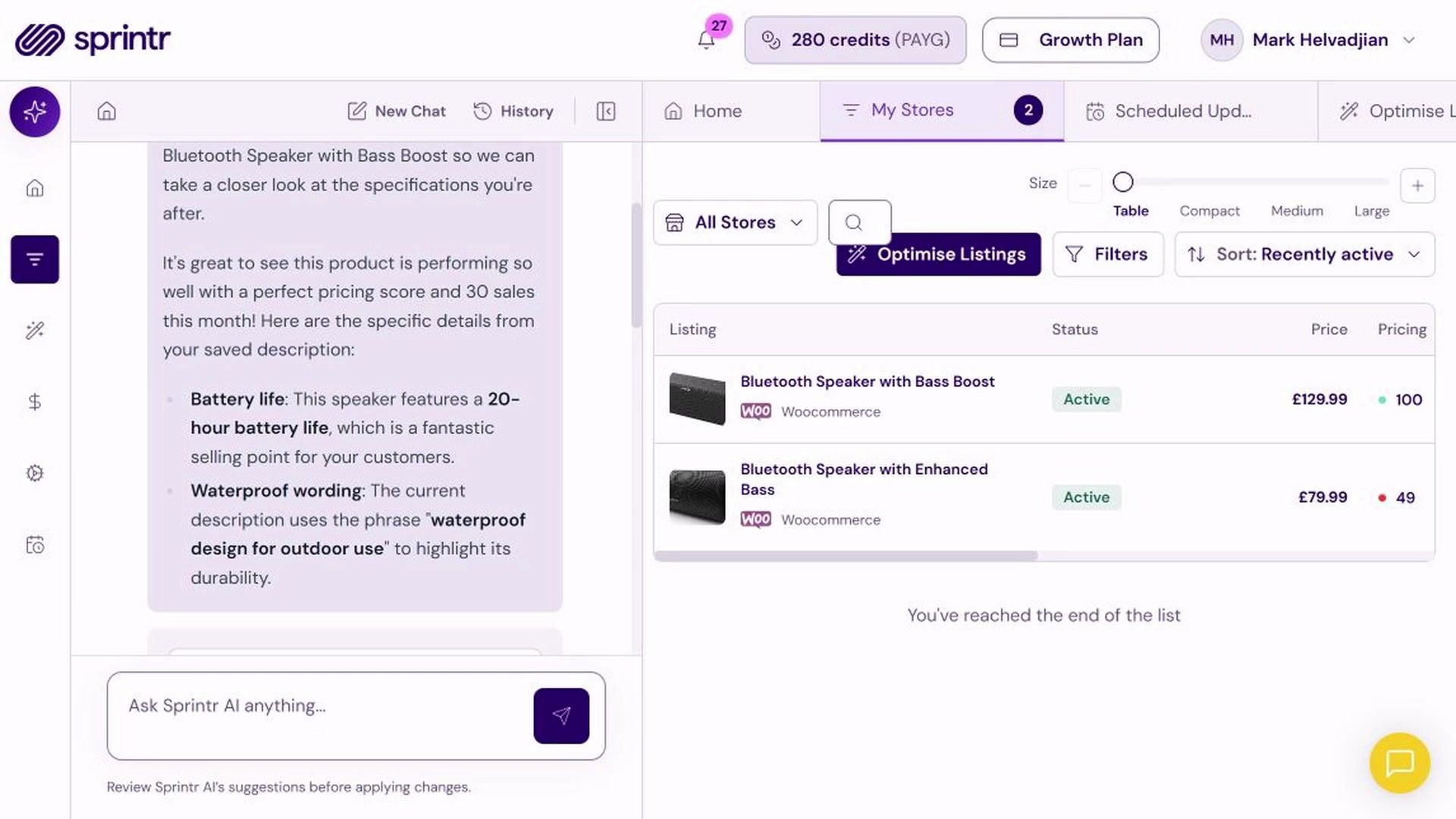 Sprintr: Sprintr AI response beside catalogue