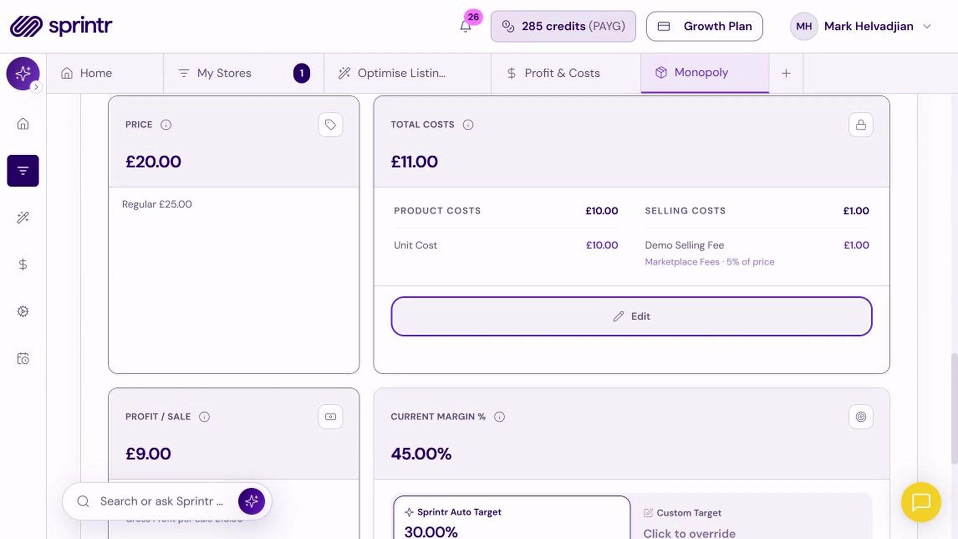 Sprintr: Selling fee, product costs, and margin