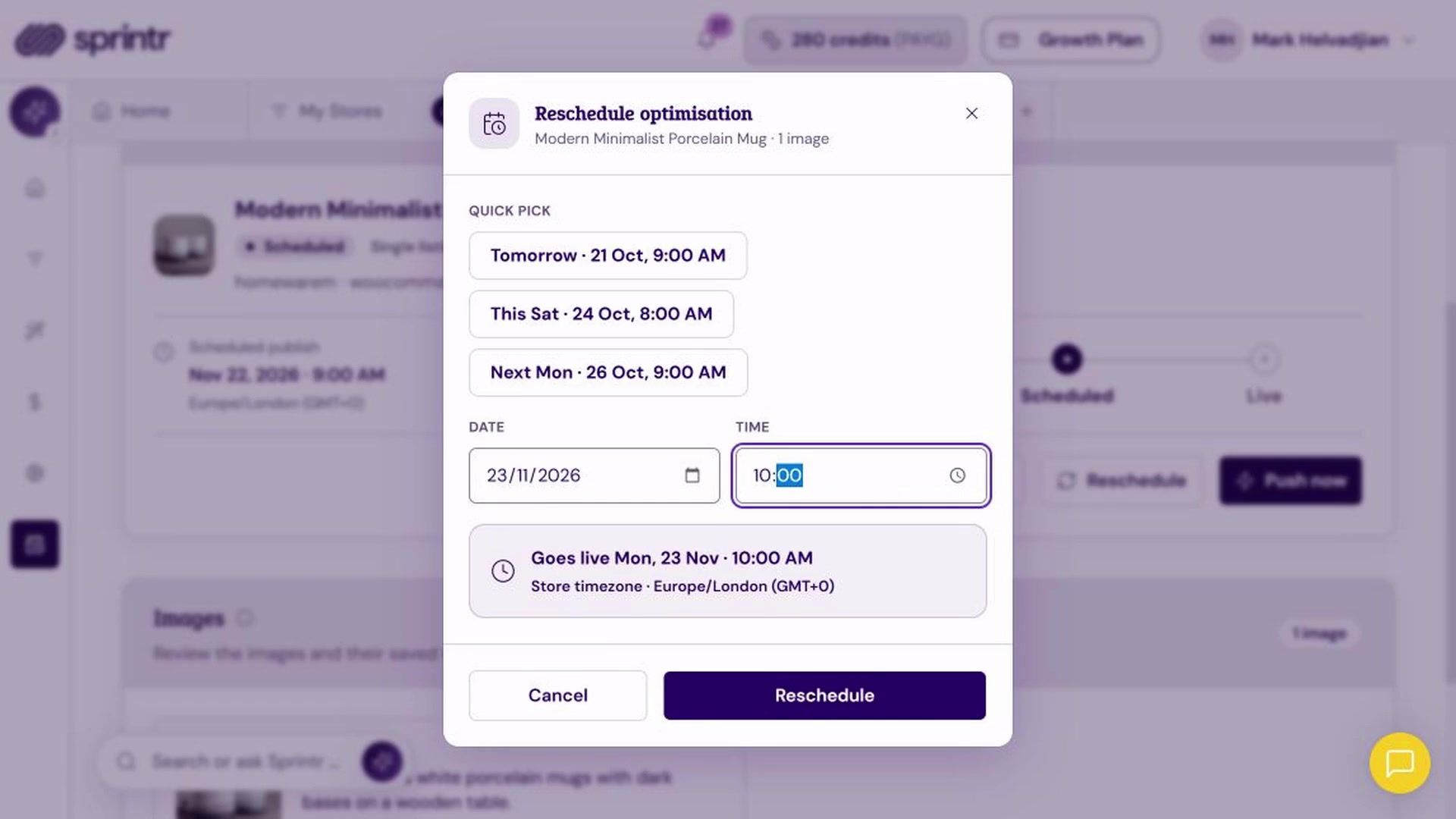 Sprintr: Scheduled update date and store time