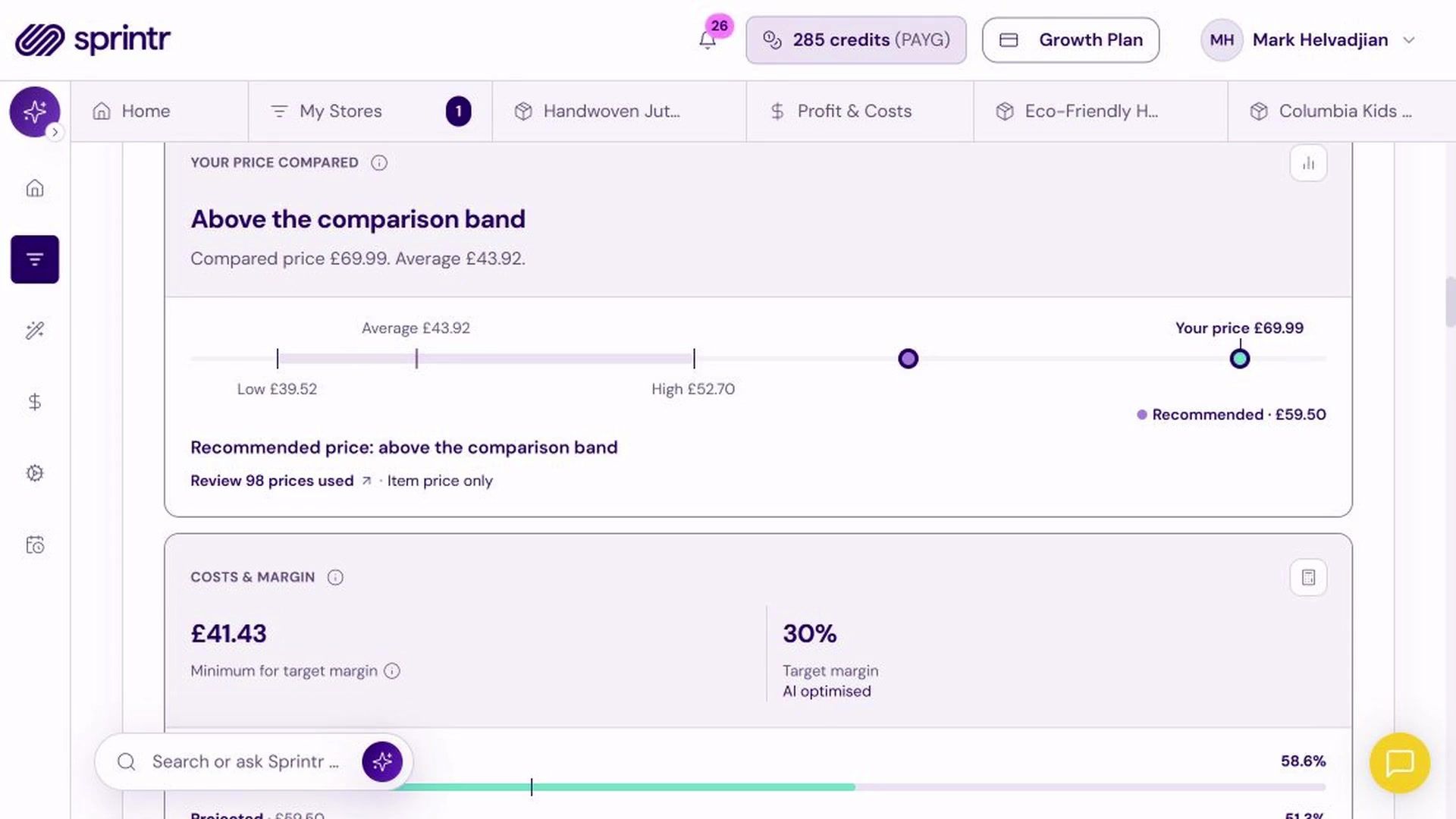 Sprintr: Competitor price comparison and margin context
