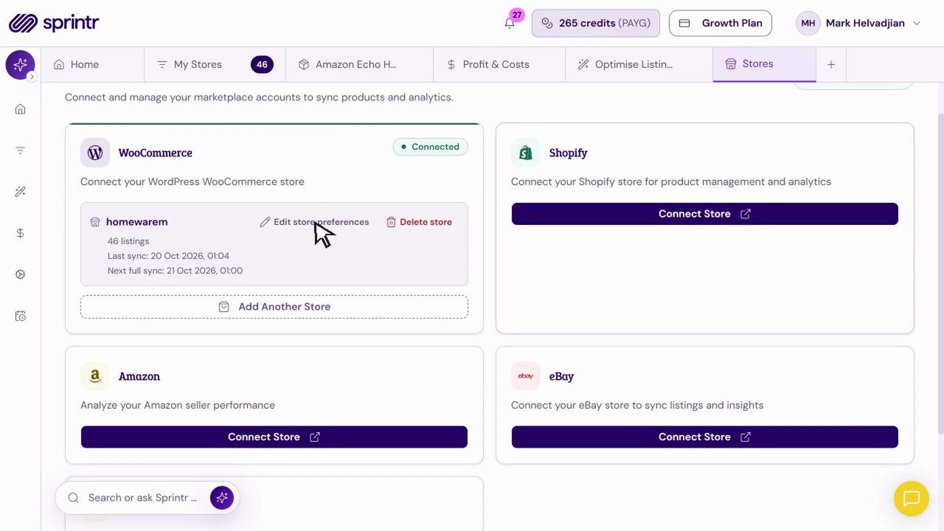 Sprintr: Store connections and synced catalogue