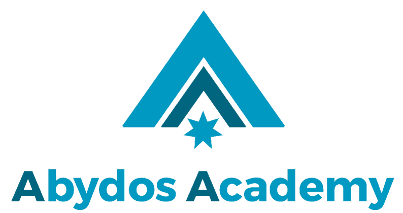 abydos academy logo. two open pyramids with a seven pointed star underneath, followed by the words Abydos Academy in blue.