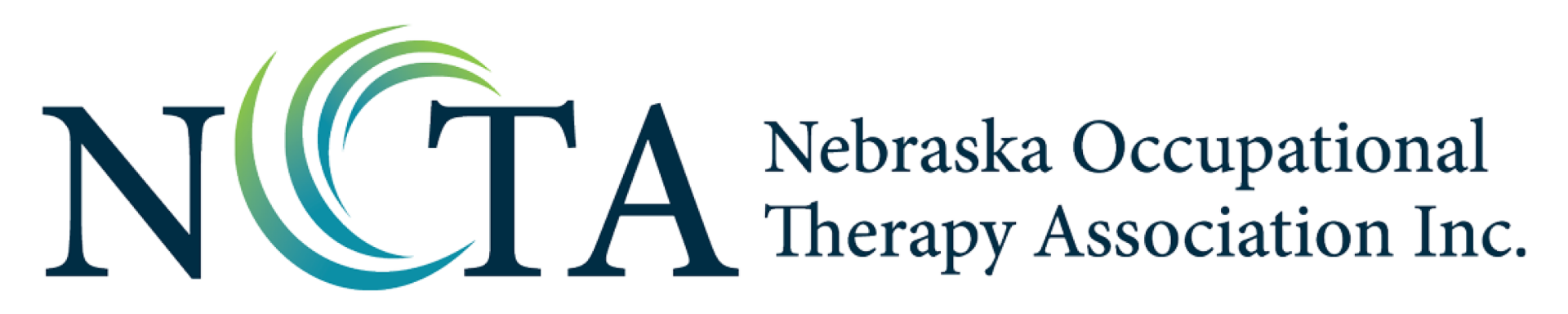 graphic logo:  white background dark blue  large letter N, graphic blue and green crescent, dark blue letter T, A.  Beside it smaller blue letters spell the  words Nebraska Occupational Therapy Association