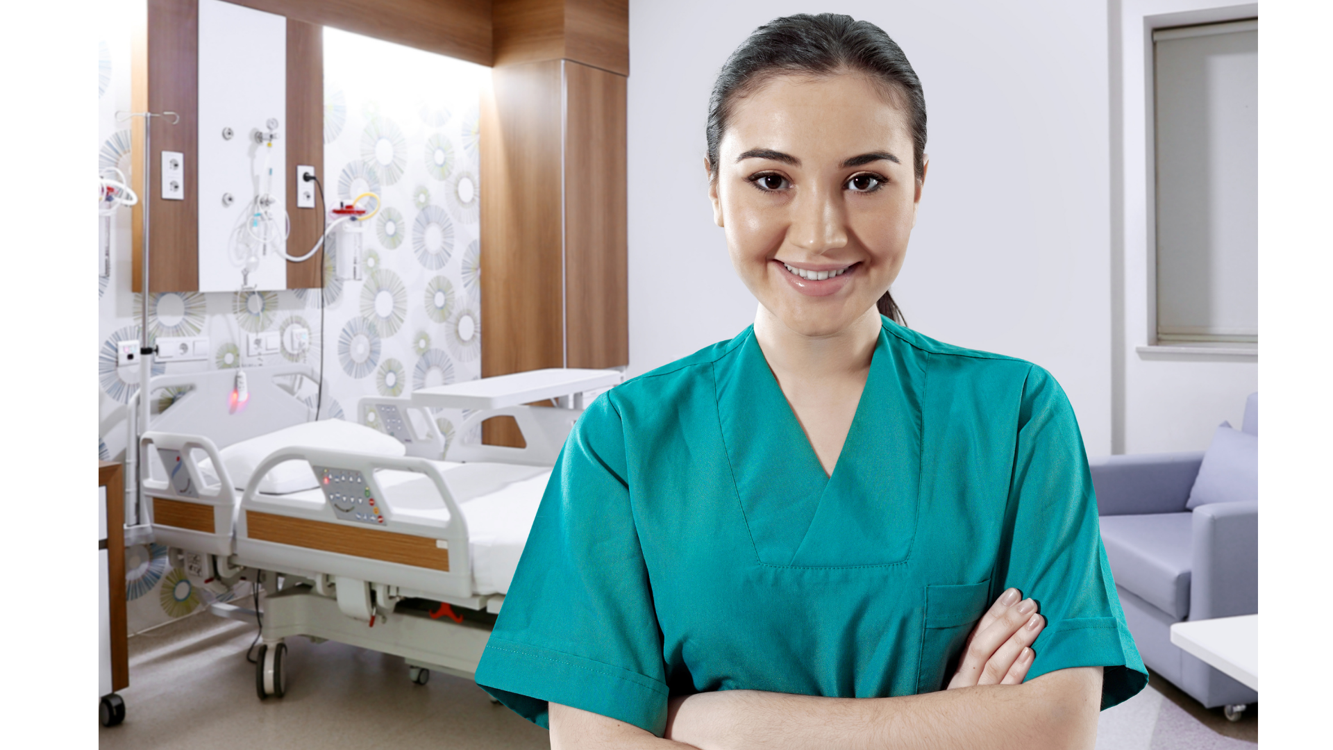 image of young woman in scrubs in a hospital room