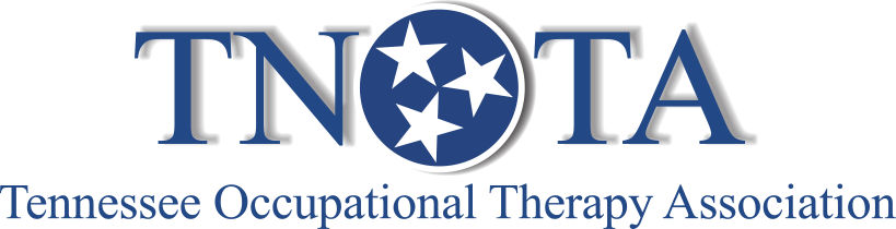Graphic logo:white background, large blue  letters T, N, a solid blue circle with 3 whites stars, blue letters T, A.  Spells "TNOTA", below it in blue letters spell the words Tennessee Occupational Therapy Association