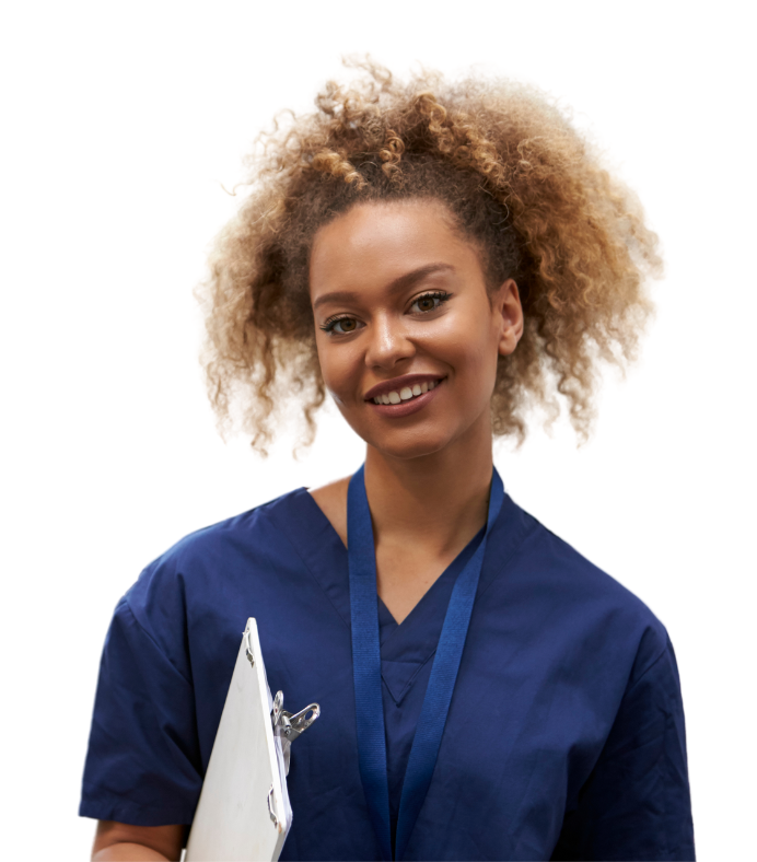photo of African American woman wearing blue scrubs and holding a clipboard