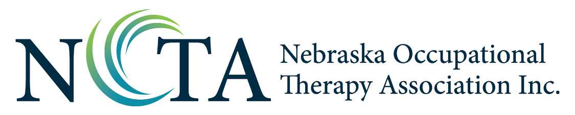 logo for Nebraska Occupational Therapy Association, Blue letters with a graphic spell NOTA