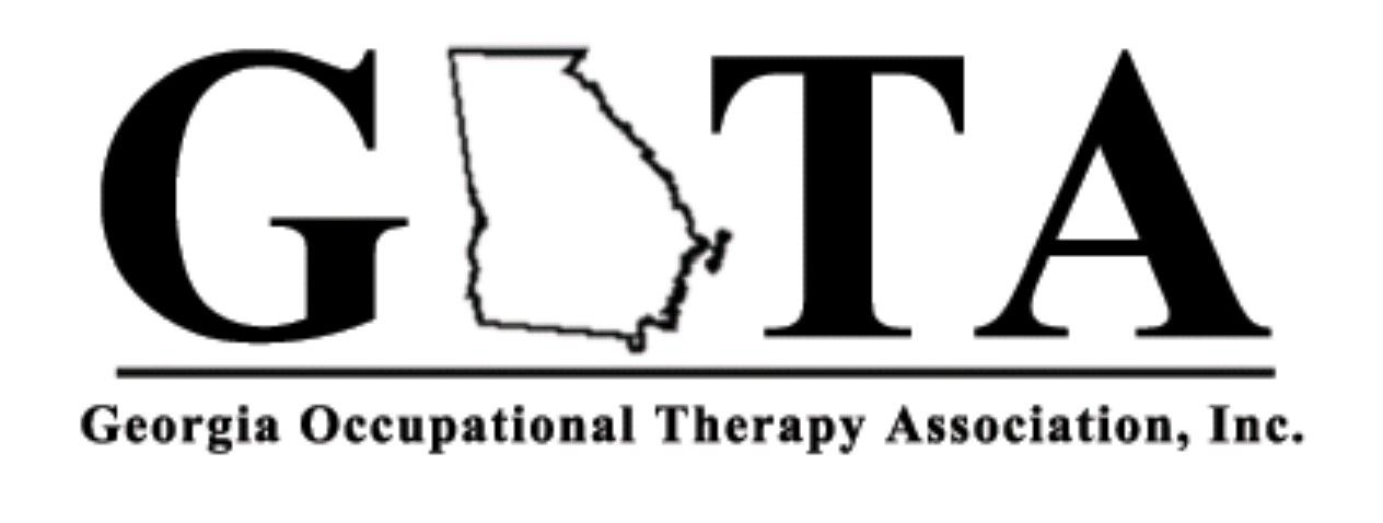 Logo for Georgia Occupational Therapy Association, letters in black G shape of state of Georgia TA.