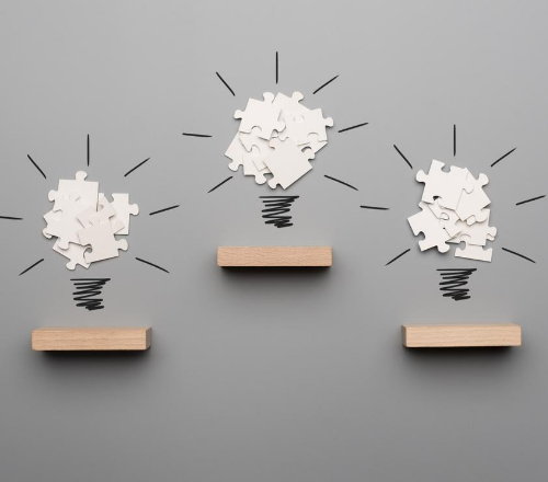 Illustration of 3 abstract art of three white  lightbulbs  over wooden shelves