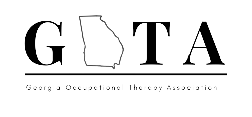 Capital G, T, and A with an outline of the state of Georgia between the G and T, underlined with the words Georgia Occupational Therapy Association beneath the line